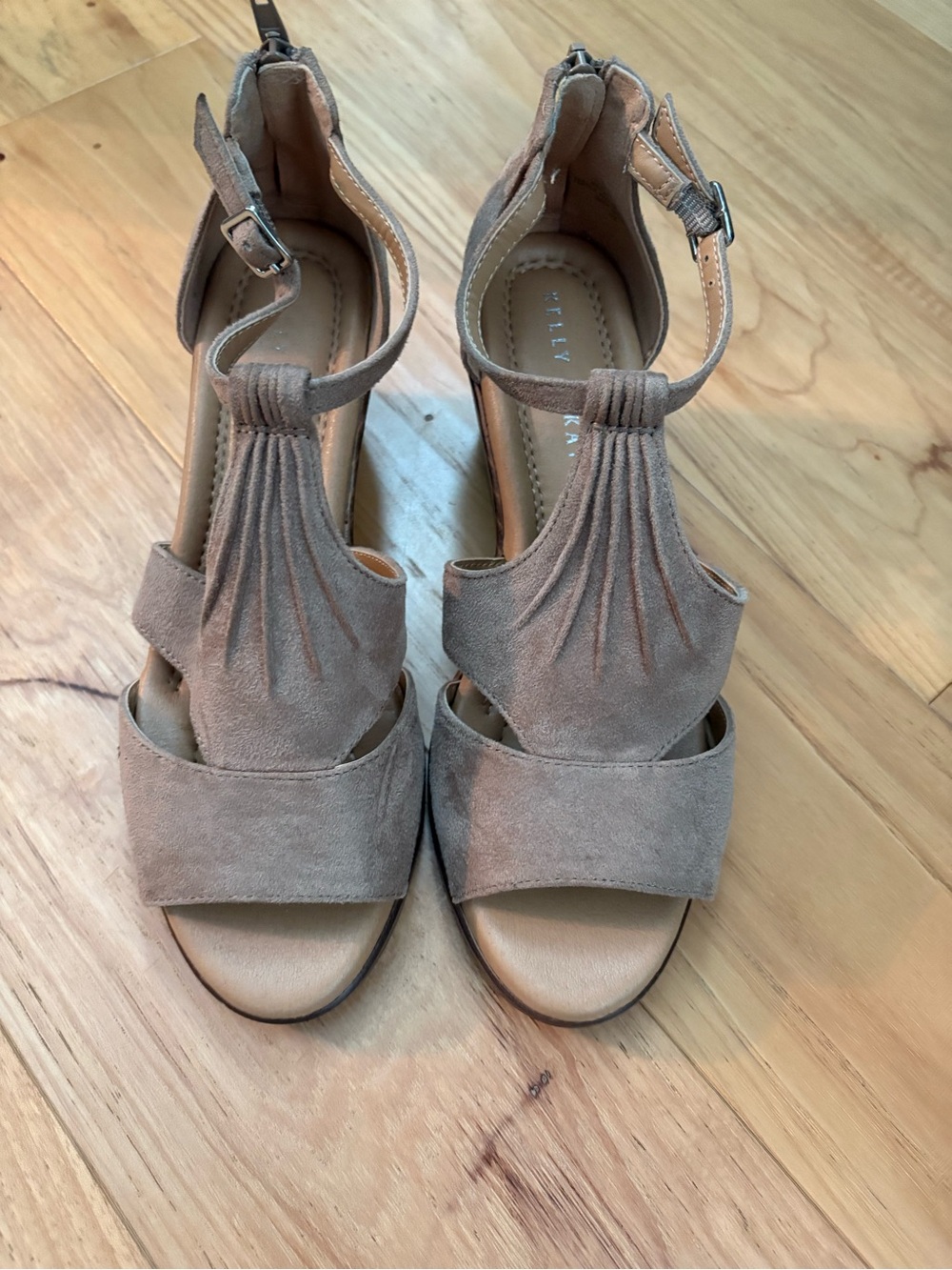 Kelly & Katie Taupe Suede T-Strap Heeled Sandals